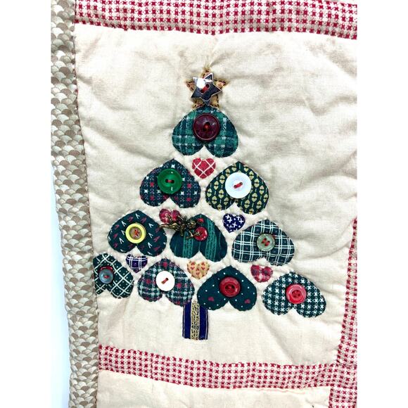 Hand Stitch Christmas Tree Patchwork Heart Quilt Beige Rectangular Buttons - Picture 5 of 7